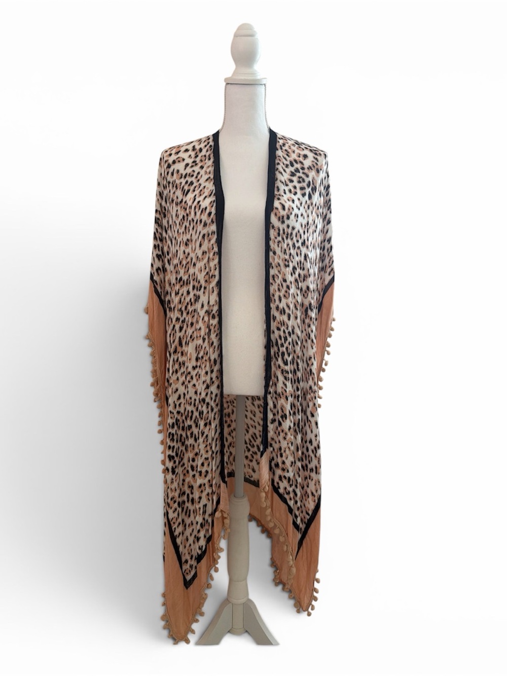 Shiraleah Beige and Black Leopard-Print Kimono Wrap with Fringe